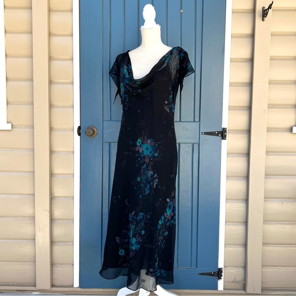 Jones New York Asymmetrical 100% Silk Black and Teal Dress Women’s Size 14
